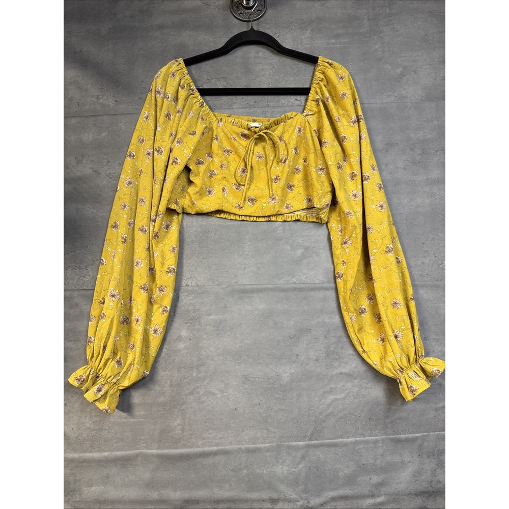 Altar'd State Floral Crop Blouse Puff Sleeve Med Mustard Yellow Lavender